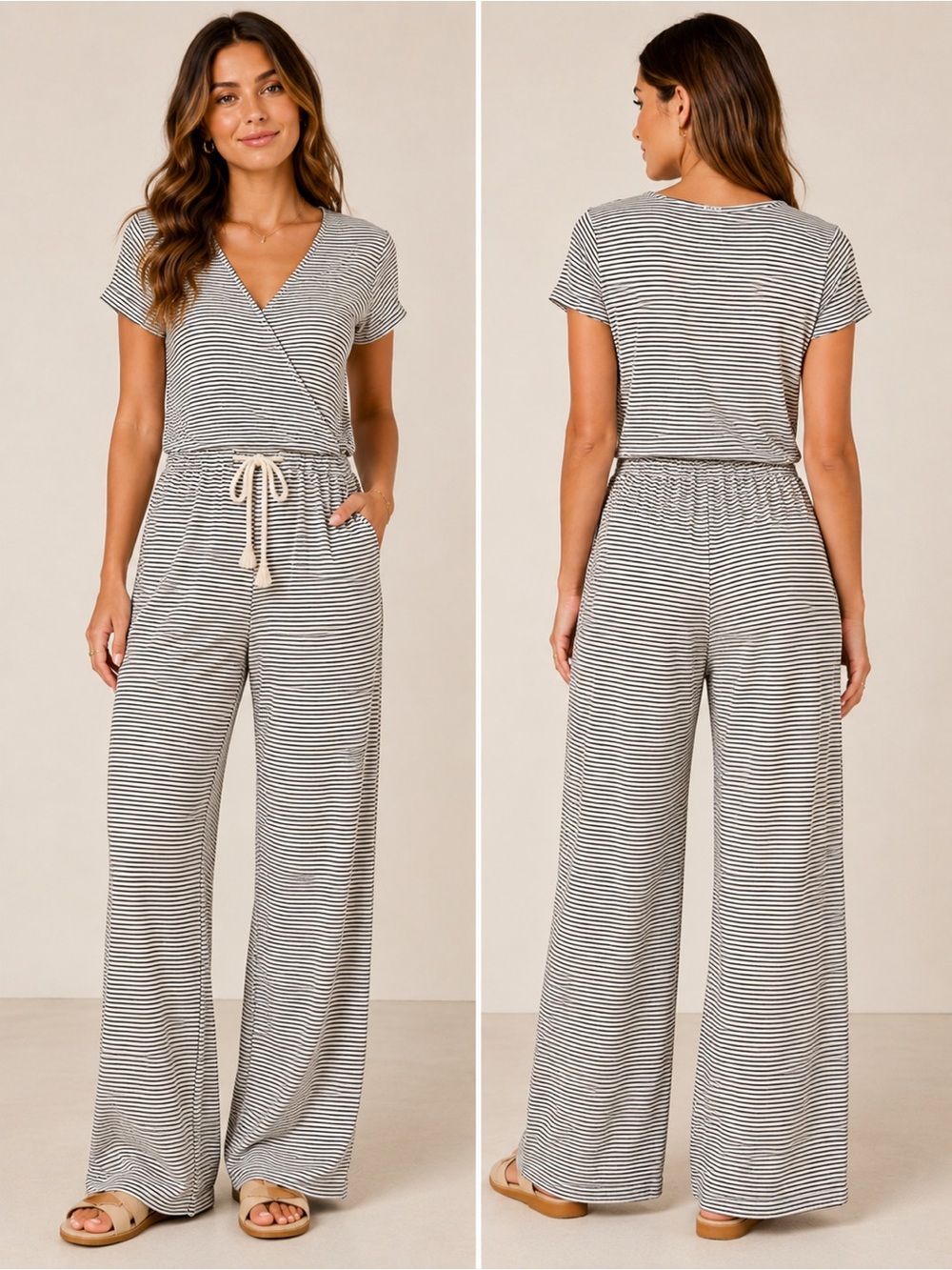 Double Zero‎ Striped Wide Leg Jumpsuit Wrap Front Tie Waist Black White Size Med